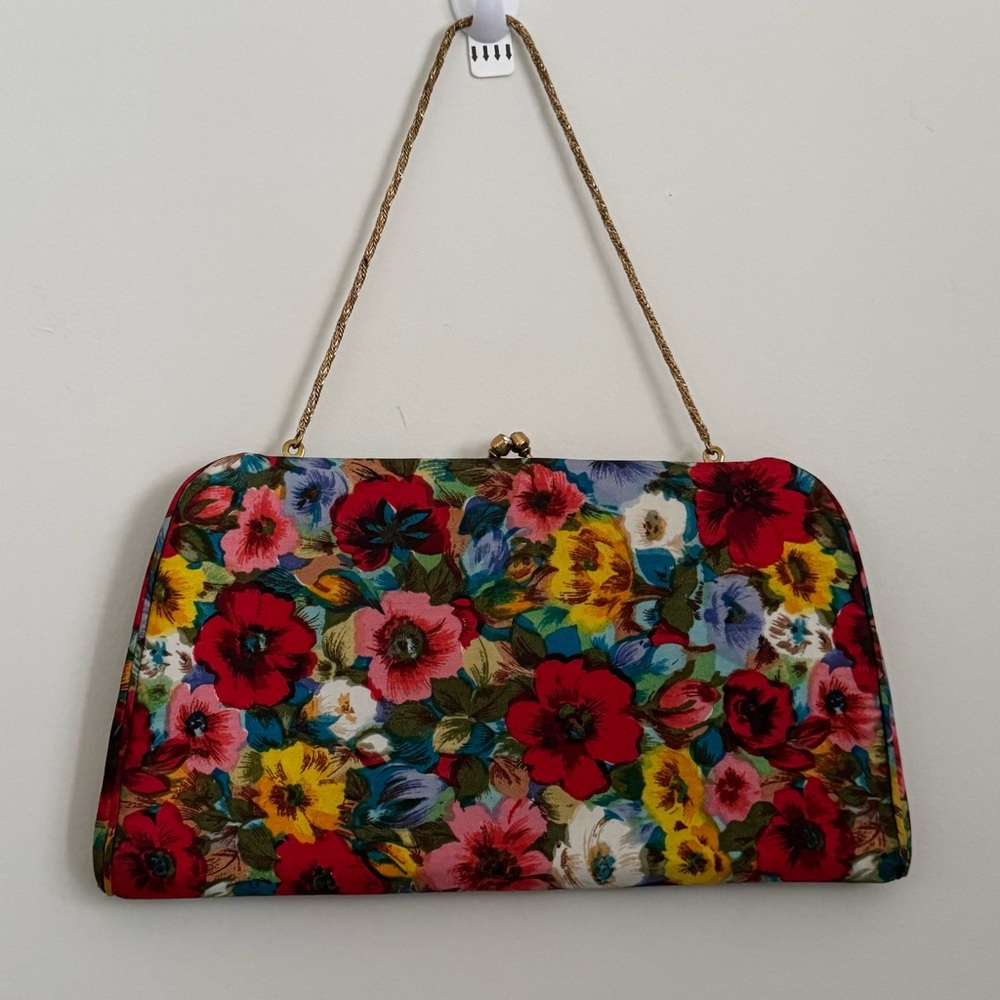 Bergdorf Goodman Vintage Red and Yellow Floral Clutch with Metal Frame 1950s